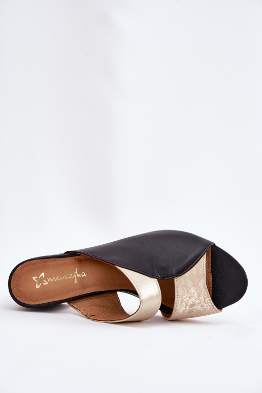 Leren pantoffels Dames met hakken Het heeftciejka 06943-25 ZInart en-gouden kleur Leren pantoffels Dames met hakken Het heeftciejka 06943-25 ZInart en-gouden kleur