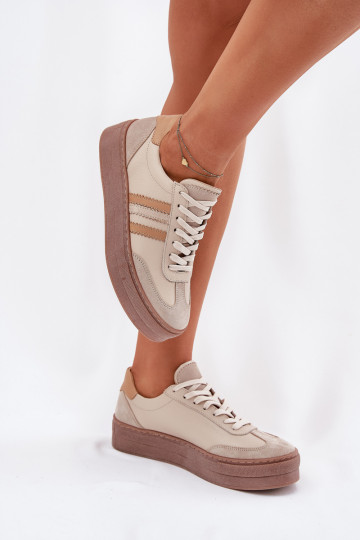 Leer Sneakers model schoenen Dames met platform Zazoo N1234 beige