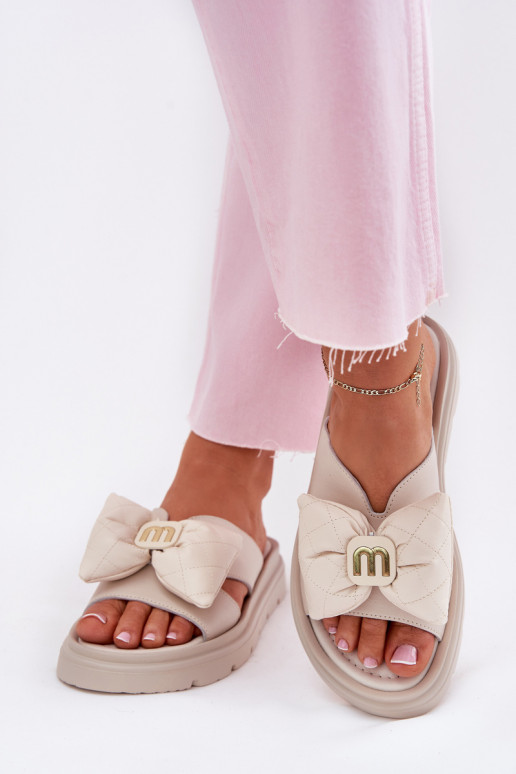 Leren pantoffels Dames met platform met linten CheBello 4647 beige Leren pantoffels Dames met platform met linten CheBello 4647 beige