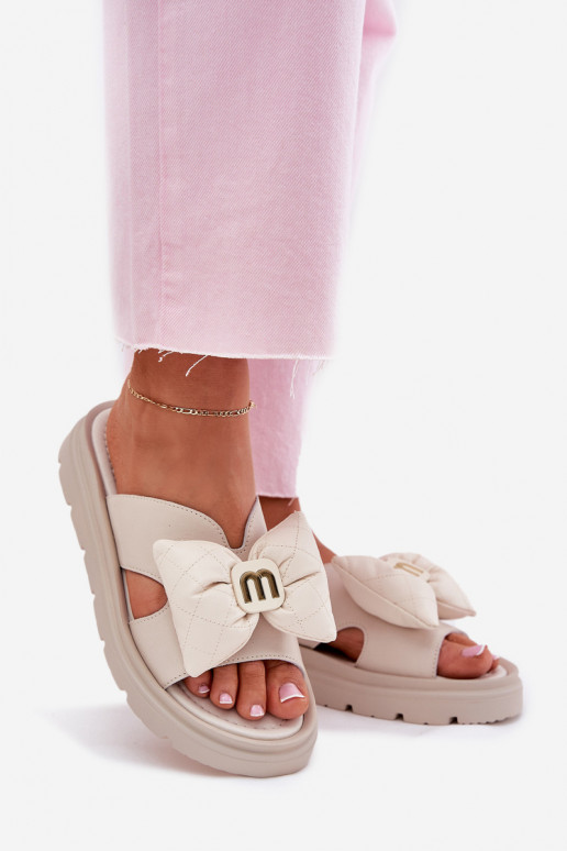 Leren pantoffels Dames met platform met linten CheBello 4647 beige Leren pantoffels Dames met platform met linten CheBello 4647 beige