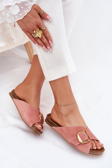 Claquettes en cuir rose avec boucles dorées Tai turiciejka 07000-15