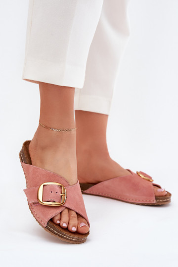 Roze leren slippers met gouden gespen Tai turiciejka 07000-15 2