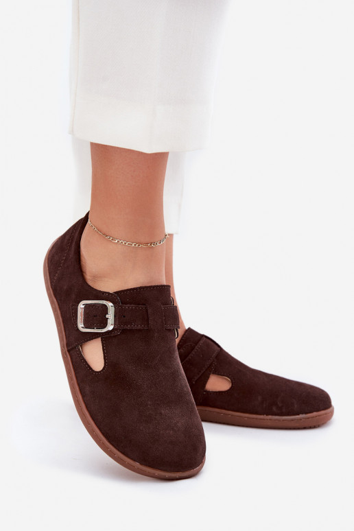 en daim chaussures Barefoot Féminin avec boucles Łaty Zazoo N1261 CzekoladoÀe