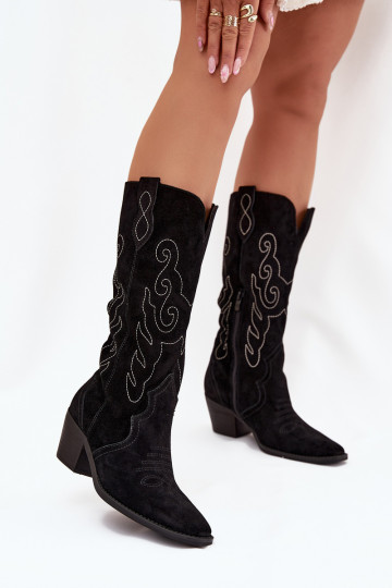 Dames lange cowboystijl suède laarzen met hakken, zwart, Karira
