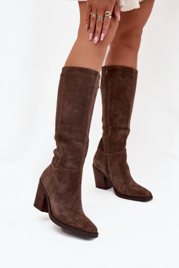 Damen lange Wildlederstiefel mit Absatz und Reißverschluss, braun, Lissara