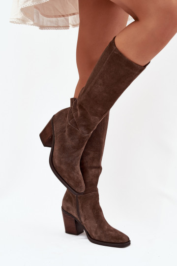 Damen lange Wildlederstiefel mit Absatz und Reißverschluss, braun, Lissara 2