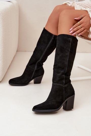 Damen lange Wildlederstiefel mit Absatz und Reißverschluss, schwarz, Lissara