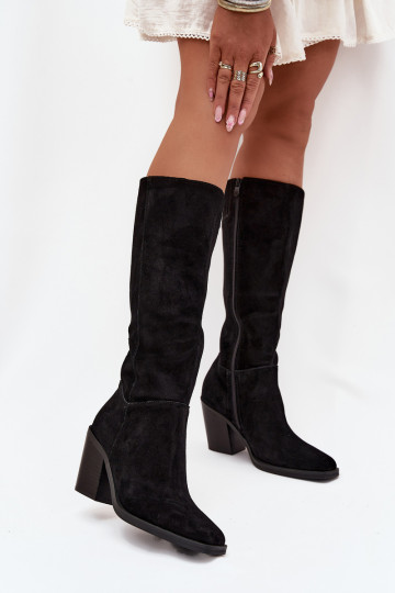 Bottes en daim hautes pour femmes avec talons et fermeture, noires, Lissara 2
