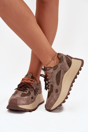 Leer Sneakers model schoenen met platform Dames Big Star SS274627 HI-POLY SYSTEM beige