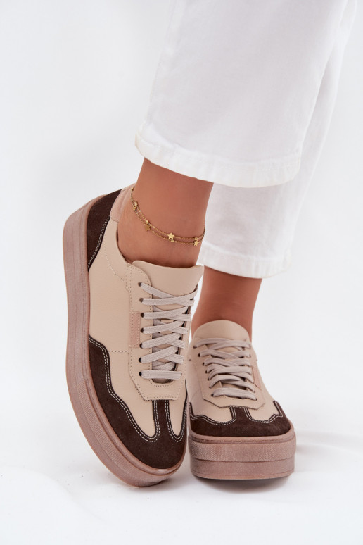 Leer Sneakers model schoenen Dames met platform Zazoo N1269S2 beige Leer Sneakers model schoenen Dames met platform Zazoo N1269S2 beige