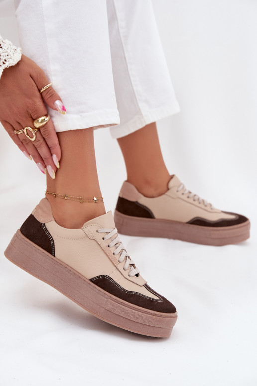 Leer Sneakers model schoenen Dames met platform Zazoo N1269S2 beige Leer Sneakers model schoenen Dames met platform Zazoo N1269S2 beige