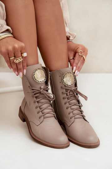 Haut Damenstiefel mit breiten Absätzen Ze goldene Farbem Detalem Zazoo 3084 Beige