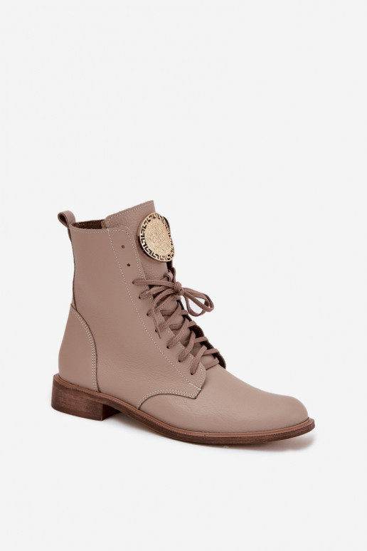 Haut Damenstiefel mit breiten Absätzen Ze goldene Farbem Detalem Zazoo 3084 Beige