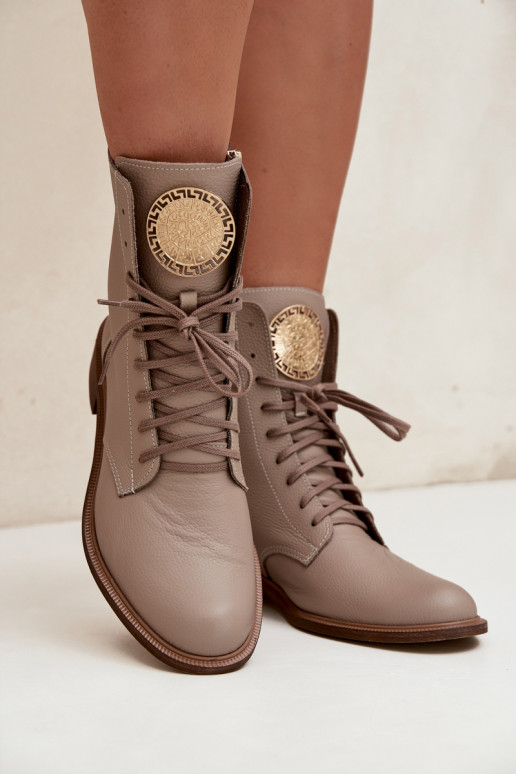 Haut Damenstiefel mit breiten Absätzen Ze goldene Farbem Detalem Zazoo 3084 Beige