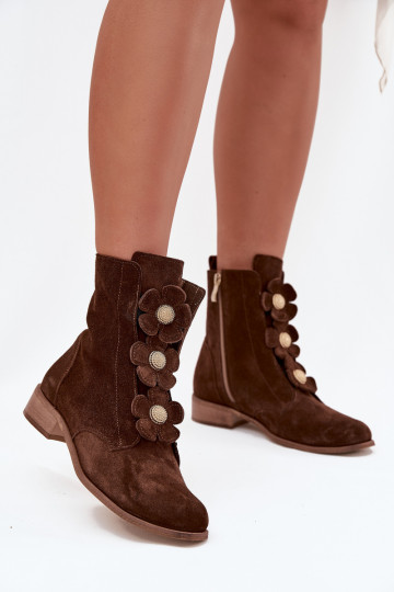 Bottines en daim pour femmes avec des détails floraux décoratifs Zazoo 3085 marron