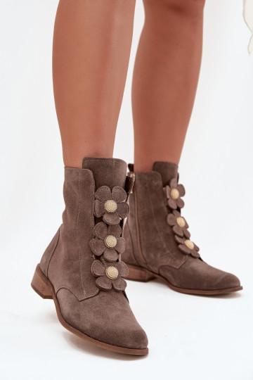 Zamshoe dames schoenen met decoratieve bloemen details Zazoo 3085 zandkleur 2