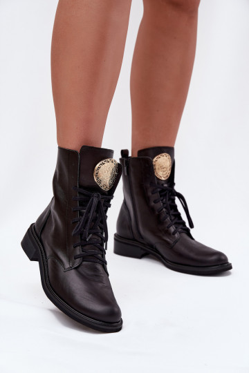 Leren dames enkellaarsjes met brede hakken en goudkleurige details Zazoo 3084 zwarte kleur 2