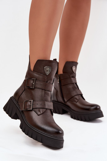 Zazoo 60482 schokoladenfarbene warme Leder-Stiefeletten für Damen mit Schnallen und dekorativen Details 2