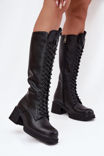 Bottines en cuir longues à lacets et talons, chaudes Vinceza 66804 noires