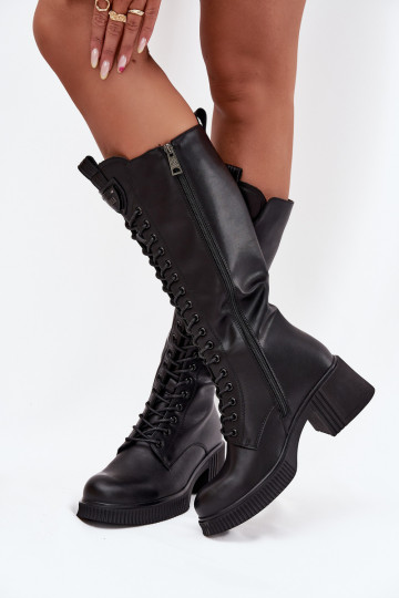 Bottines en cuir longues à lacets et talons, chaudes Vinceza 66804 noires 2