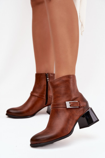 Leren dames laarzen met hakken en gespen, Zazoo 60562, bruine kleur 2