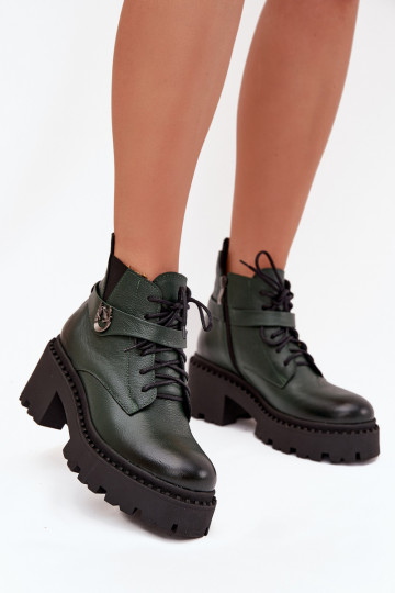 Bottines en cuir pour femmes avec talons décorés, isolées, Zazoo 60557, couleur kaki