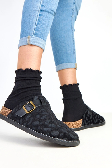 Chaussons pour femmes noirs sur plateforme en liège, ornés de motif léopard Diane 2
