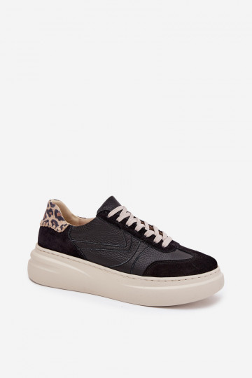 Peau Chaussures modèle baskets Féminin avec une plateforme avec des motifs en fourrure de léopard Zazoo N1263 couleur noire 2
