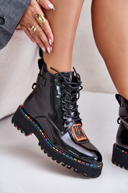 mit Lackeffekt Stiefel Schuhe Feminin Zum Schloss Haut Artiker 55C0517 schZuarze Farbe