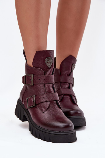 Leren warme dames enkellaarsjes met gespen en decoratieve details Zazoo 60482 bordeaux kleur