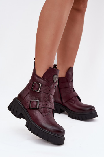 Leren warme dames enkellaarsjes met gespen en decoratieve details Zazoo 60482 bordeaux kleur 2