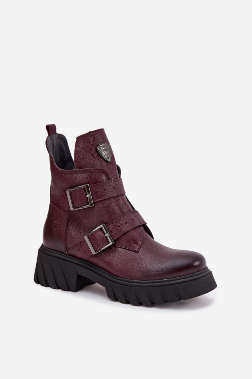 Bottines en cuir chaudes pour femmes avec boucles et détails décoratifs Zazoo 60482 couleur bordeaux