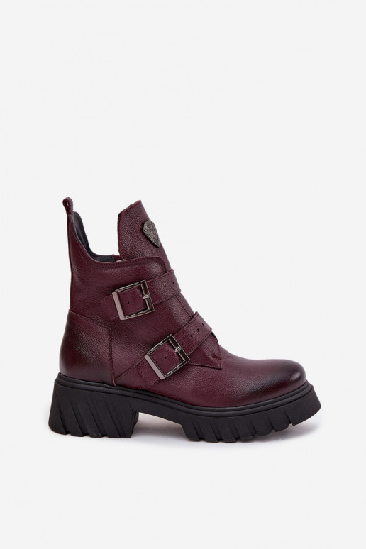 Bottines en cuir chaudes pour femmes avec boucles et détails décoratifs Zazoo 60482 couleur bordeaux