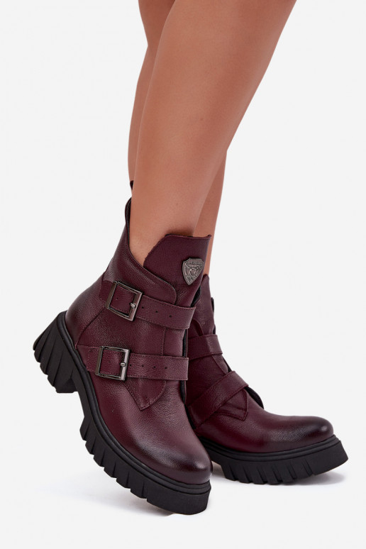 Zazoo 60482 bordeauxfarbene warme Leder-Stiefeletten für Damen mit Schnallen und dekorativen Details