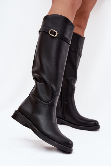 Bottes d'hiver pour femmes, noires, avec talons larges, lanières et boucles dorées, Sylvena 2