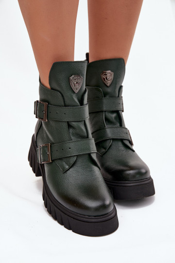 Gefütterte Lederstiefeletten für Damen mit Schnallen und schönen Details, Zazoo 60482, khakifarben