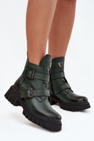 Bottines en cuir isolées pour femmes avec boucles et détails ornés, Zazoo 60482, couleur kaki 2
