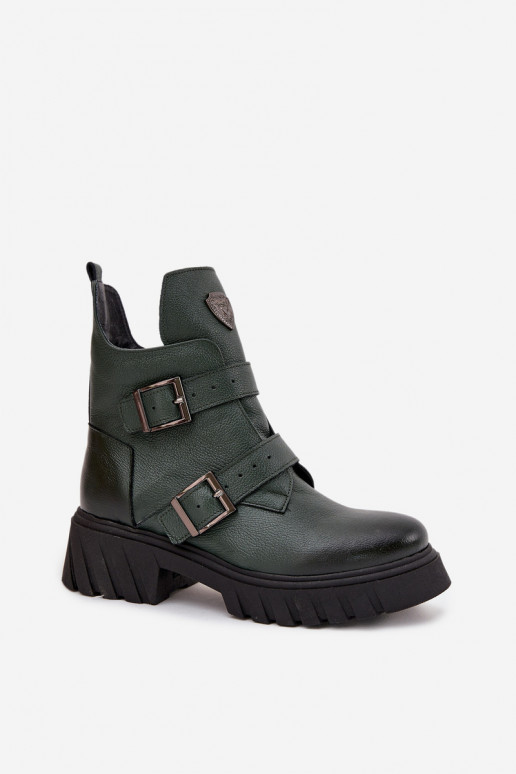 Gefütterte Lederstiefeletten für Damen mit Schnallen und schönen Details, Zazoo 60482, khakifarben Gefütterte Lederstiefeletten für Damen mit Schnallen und schönen Details, Zazoo 60482, khakifarben