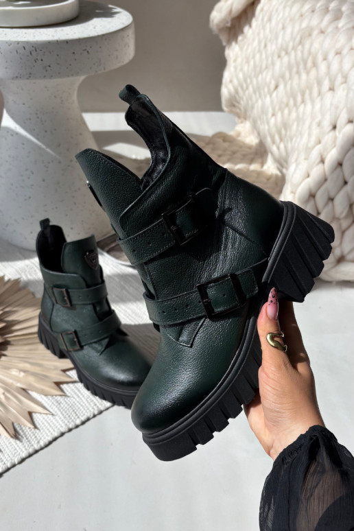 Bottines en cuir isolées pour femmes avec boucles et détails ornés, Zazoo 60482, couleur kaki Bottines en cuir isolées pour femmes avec boucles et détails ornés, Zazoo 60482, couleur kaki