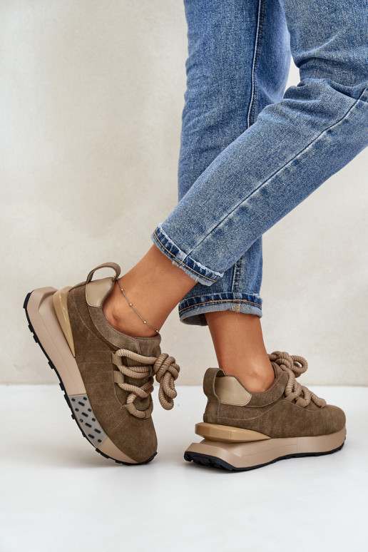 van suède Sneakers model schoenen Dames met platformGrubym Vetersluitingm Artiker 54C1466 bruine kleur