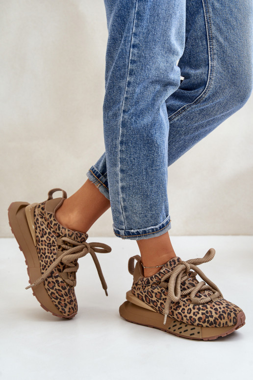 van suède Sneakers model schoenen Dames met platformGrubym Vetersluitingm met luipaardbontpatronen Artiker 55C0135 bruine kleur