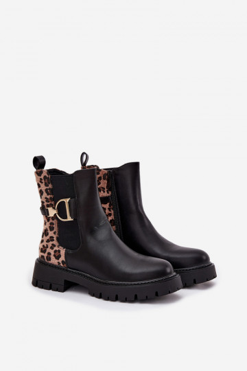 Warme stijlvolle dames enkellaarsjes met gouden details en leoprint, in zwart Priscilla