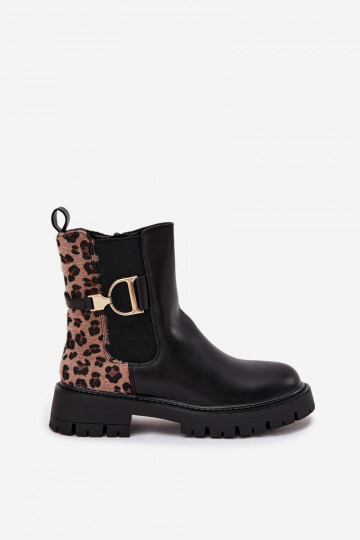 Warme stijlvolle dames enkellaarsjes met gouden details en leoprint, in zwart Priscilla 2