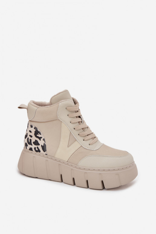 Beige Leder Damen warme Stiefeletten mit Plattform Vinceza 66838 Beige Leder Damen warme Stiefeletten mit Plattform Vinceza 66838