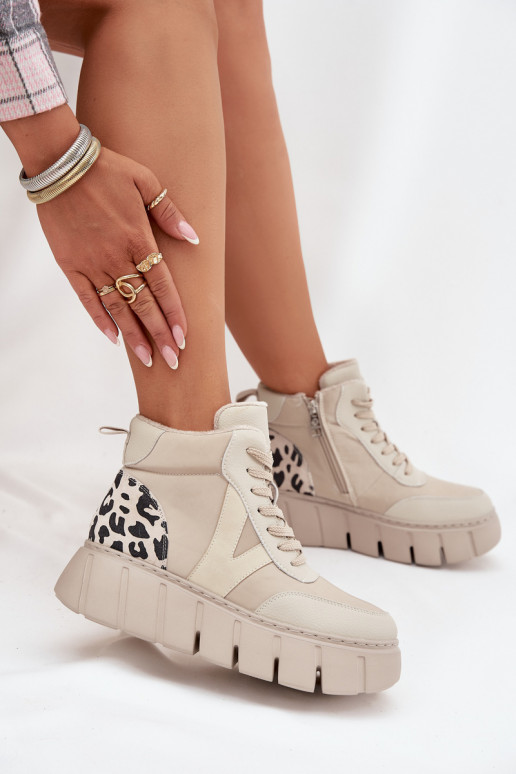 Beige Leder Damen warme Stiefeletten mit Plattform Vinceza 66838 Beige Leder Damen warme Stiefeletten mit Plattform Vinceza 66838