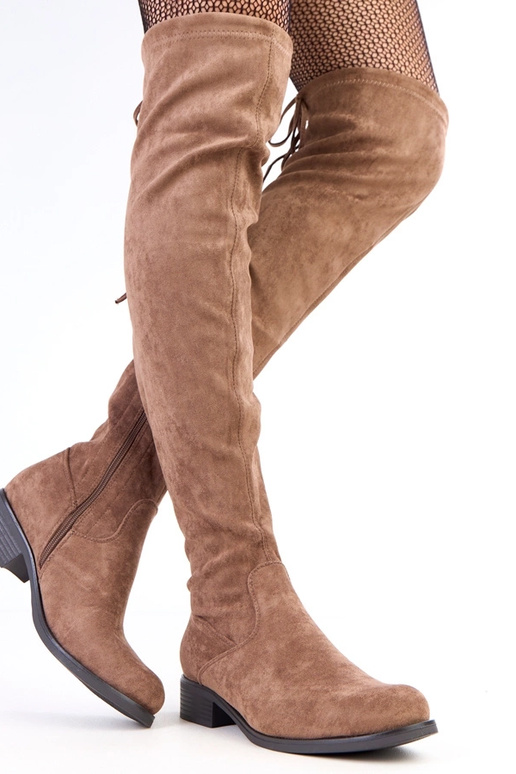 Zandkleurige lange laarzen met platte...