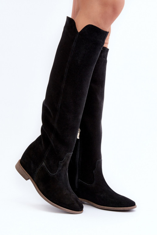 Zazoo 3407 en daim bottes hauteur genou avec des talons larges couleur noire