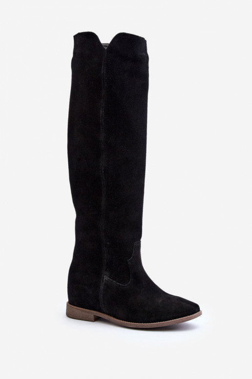 Zazoo 3407 en daim bottes hauteur genou avec des talons larges couleur noire