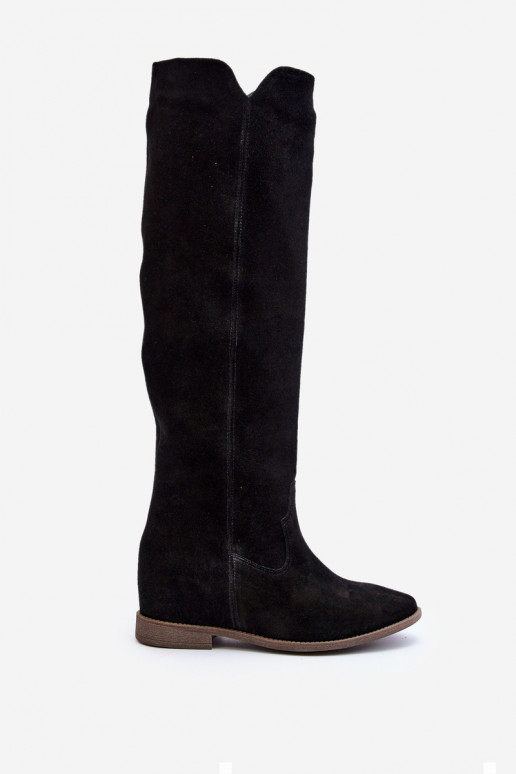 Zazoo 3407 en daim bottes hauteur genou avec des talons larges couleur noire