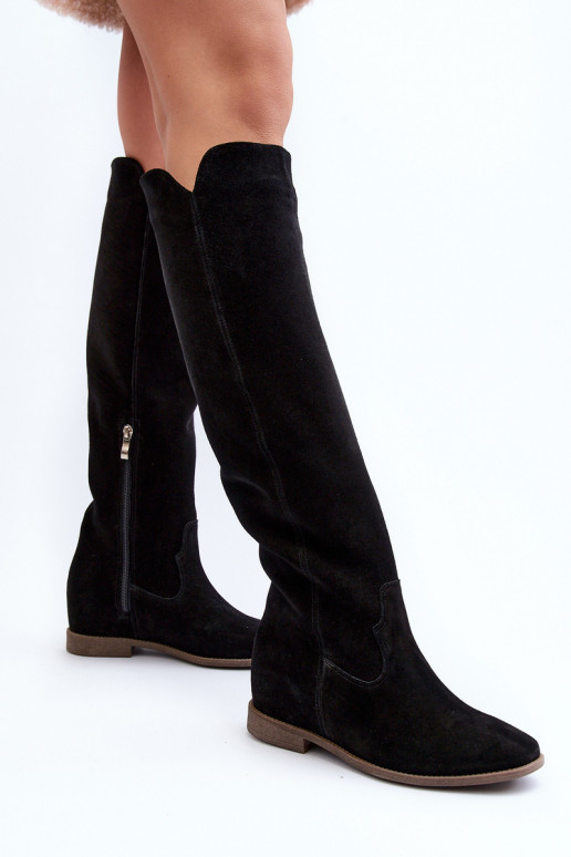Zazoo 3407 en daim bottes hauteur genou avec des talons larges couleur noire